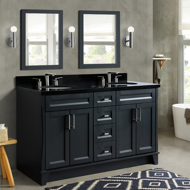 Detlef 61 " W Freestanding Standard Free Standing Single Double Vanity Bathroom Vanity With Granite Top, Black