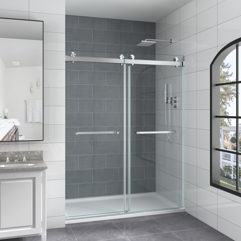 Opal Mirage MCOCOD 54" W x 76" H Double Smooth Sliding Frameless Shower Door with 3/8" (10mm) Clear Glass, Brushed Steel