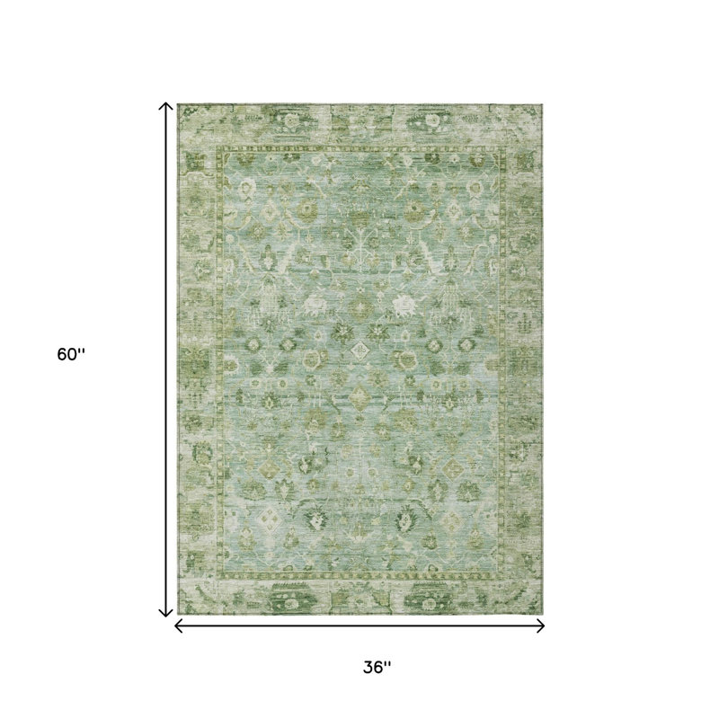 Tapis oriental lavable d'intérieur/extérieur, 90 x 150 cm, vert artichaut, ivoire et beige