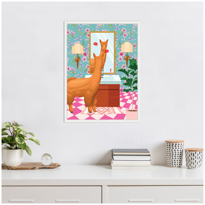 «Maximalist Llama Bathroom Mirror» par Honey Island Studio, reproduction d'art sur toile encadrée