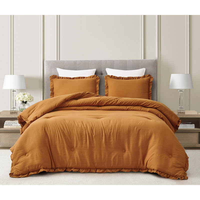Nora Washed Microfiber Ruffled Comforter Set, Spice, Queen Comforter + 2 Standard Shams