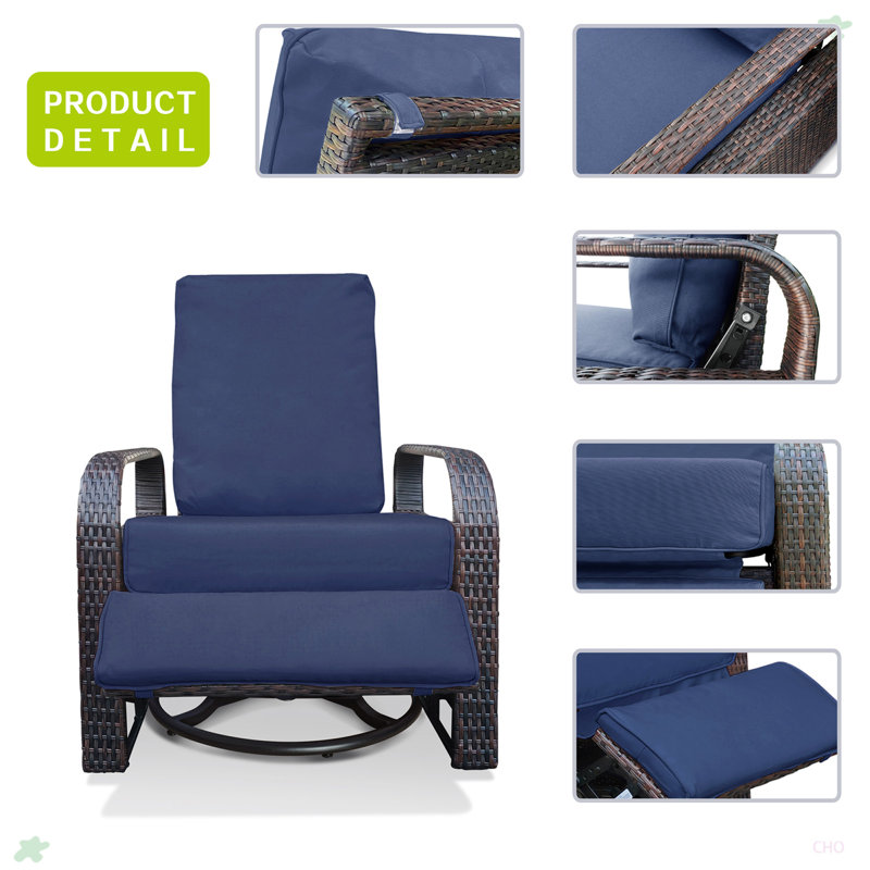 Outdoor Garden Recliner, Automatic Adjustable Wicker Lounge Recliner Chair, Brown, Navy Blue
