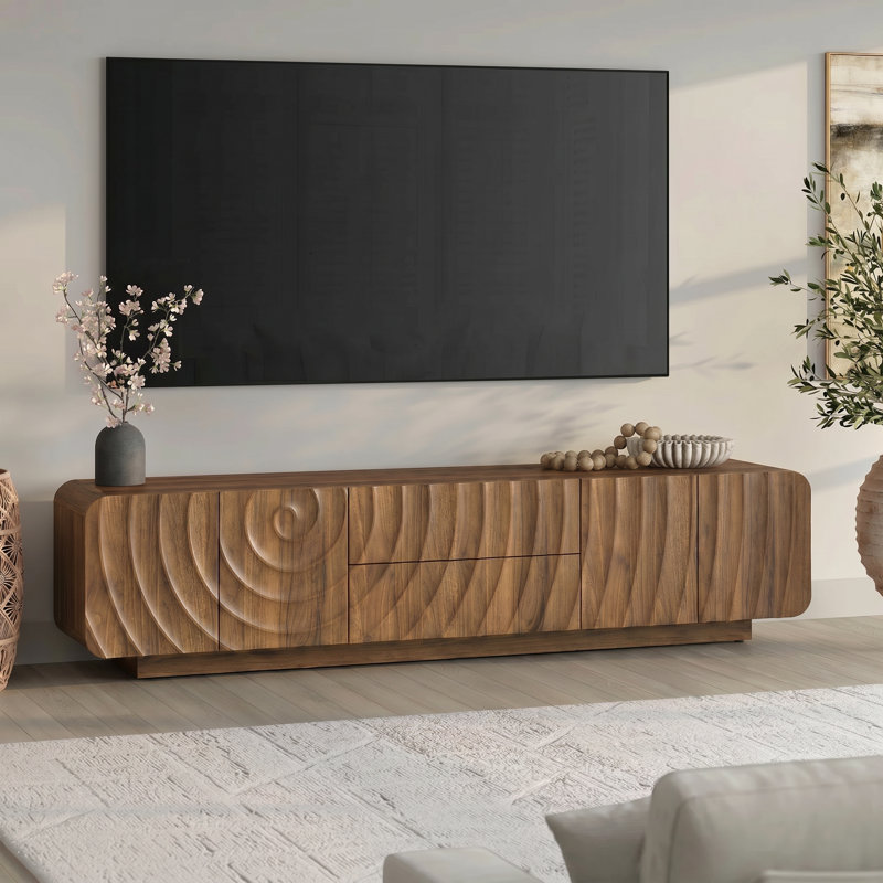 Meuble télé 70,9 po pour téléviseur 65 po, console média en MDF avec tiroirs et armoires, coins arrondis, base flottante, noyer