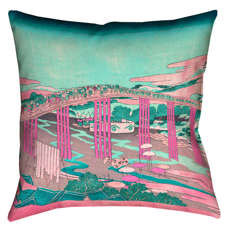 Coussin Katsushika Hokusai, 40 po x 40 po, Rose / sarcelle
