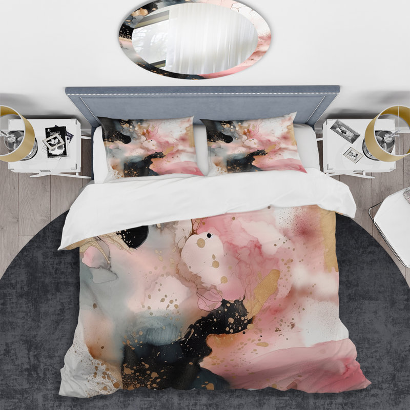 Ensemble de housse de couette rose et or texturé Marble Texture II, Housse de couette simple + 1 taie décorative stan