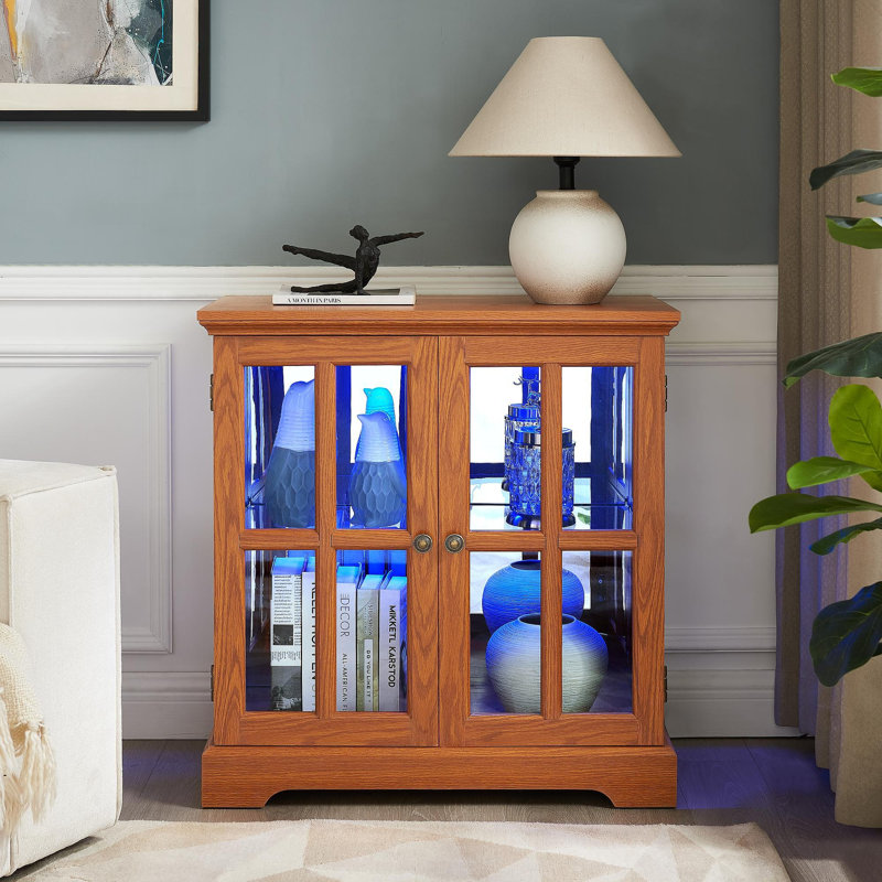 LED Curio Display Cabinet,Antique Display Cabinet With Adjustable Shelves,Retro Design Quality Showcase With Lattice Doors Elegant Bookcase And Storage Cabinet For Home Decor And Organization DARK OAK