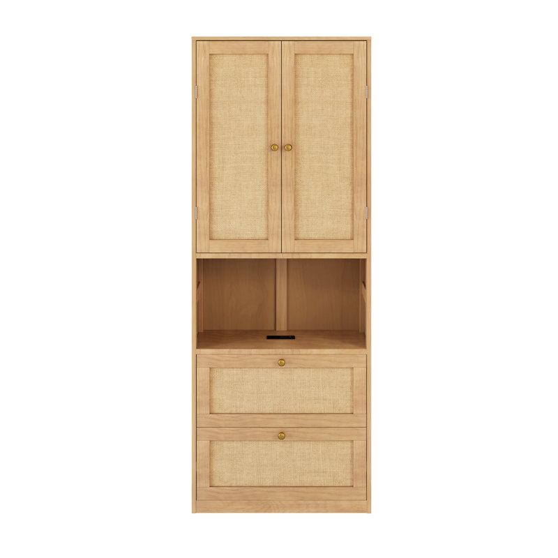 Bibliothèque 2 portes avec port USB et 3 tiroirs avec tablettes latérales, naturel, Naturel