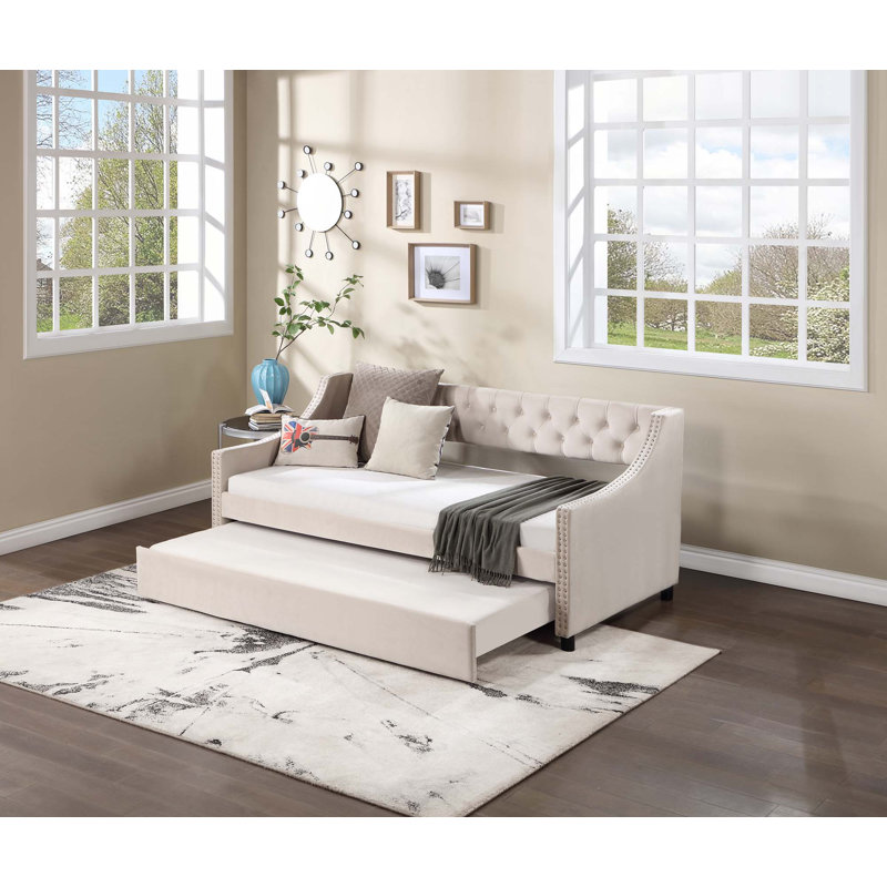 Lit de jour rembourré en tissu Darikson, Beige, Lit double