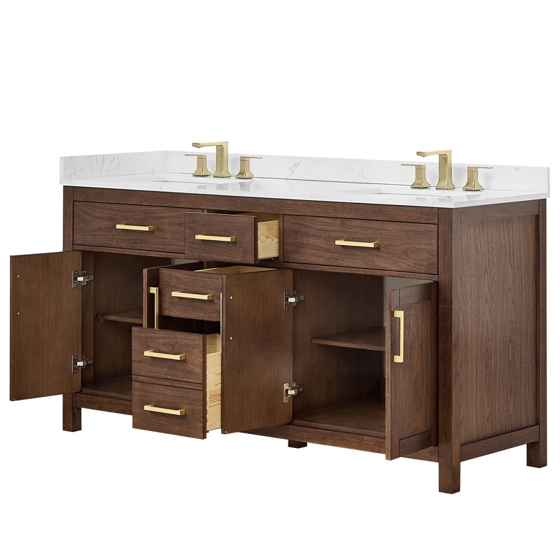 Meuble-lavabo double 66 po Beckett, Noyer foncé avec bordure dorée brossée, Comptoir en marbre de culture de Carrare