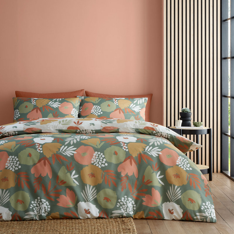 Yasmin Cotton Blend Floral Duvet Cover Set with Pillowcases Included, Single Duvet Cover + 1 Standard Pillowcase, Green