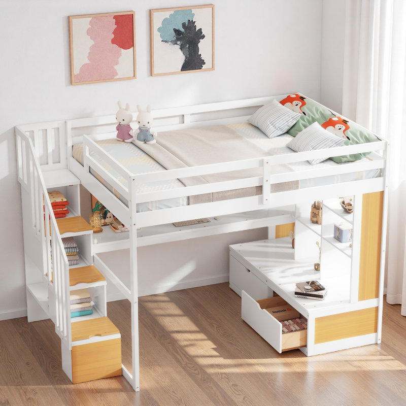 Loft Bed With Desk, Shelves, 2 Built-in Drawers And Storage Staircase, White/Natural