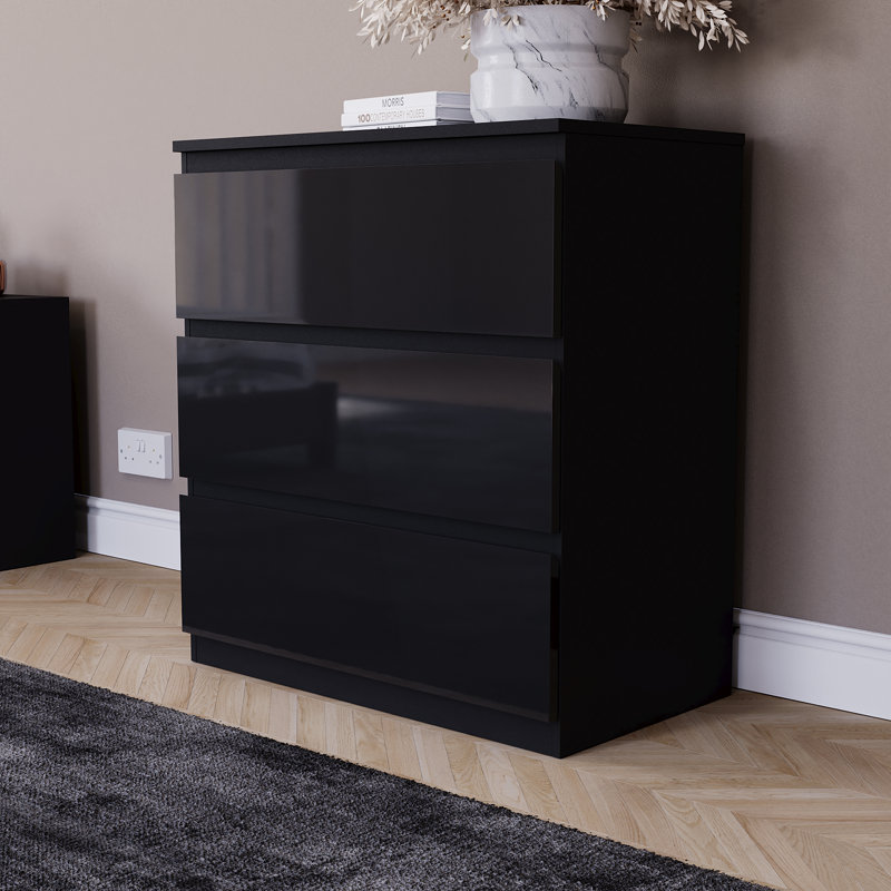 3 Drawer High Gloss Chest, (FSC 100%) Bedroom Home Furniture, Black