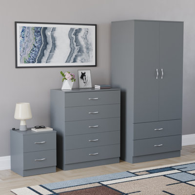 Maybery 3 Piece Bedroom Set (2 Drawer Bedside Chest, 5 Drawer Chest, 2 Door 2 Drawer Wardrobe), (4)