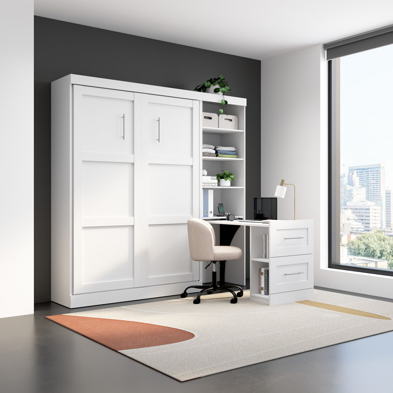 Lit escamotable double 84 W avec bureau coulissant, Blanc