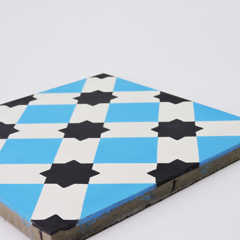 Ait Baha 8" x 8" Cement Patterned Wall & Floor Tile, Blue/Black