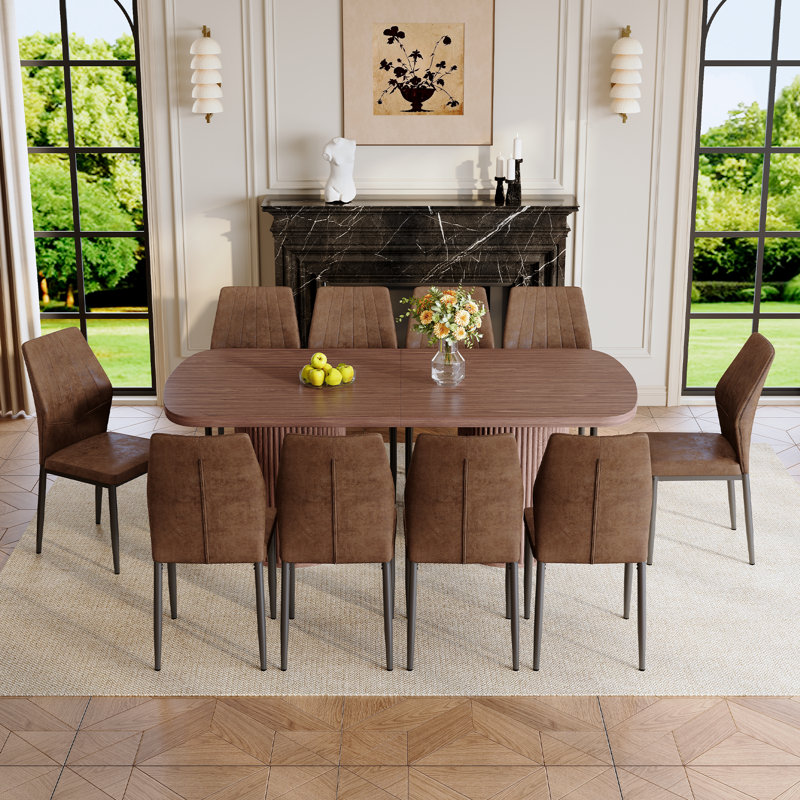 Ensemble de table de salle à manger moderne de 10 à 79 po en noyer Welles, 11 Pieces: Table, 10 Chairs, Walnut