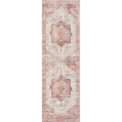 Traditional Medallion Distressed Performance Red Rug
