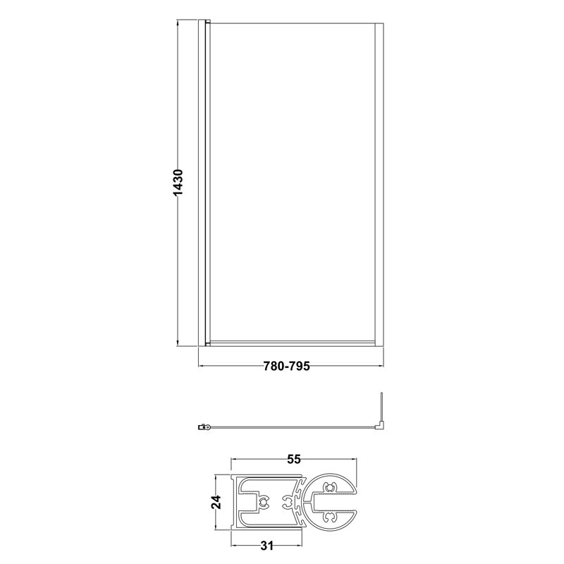 Pacific 808mm W x 1400mm H Pivot Semi-Frameless Bath Screen with Clear Glass