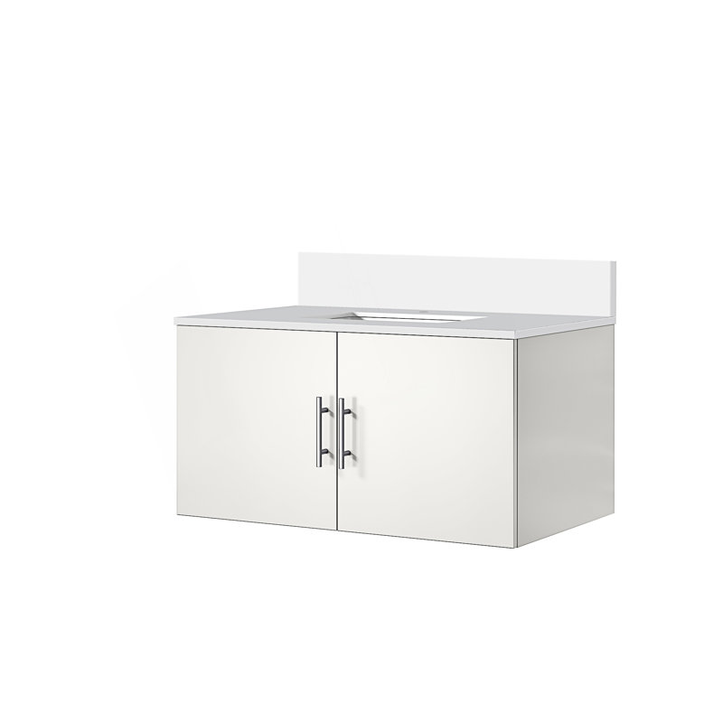 36 po X P 22 po D Meuble-lavabo de salle de bain 2 portes avec comptoir en quartz blanc, Blanc lustré, Blanc