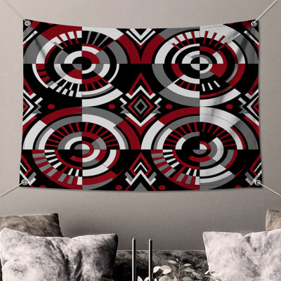 Tapisserie murale noire et rouge à motif géométrique circulaire - cercles géométriques