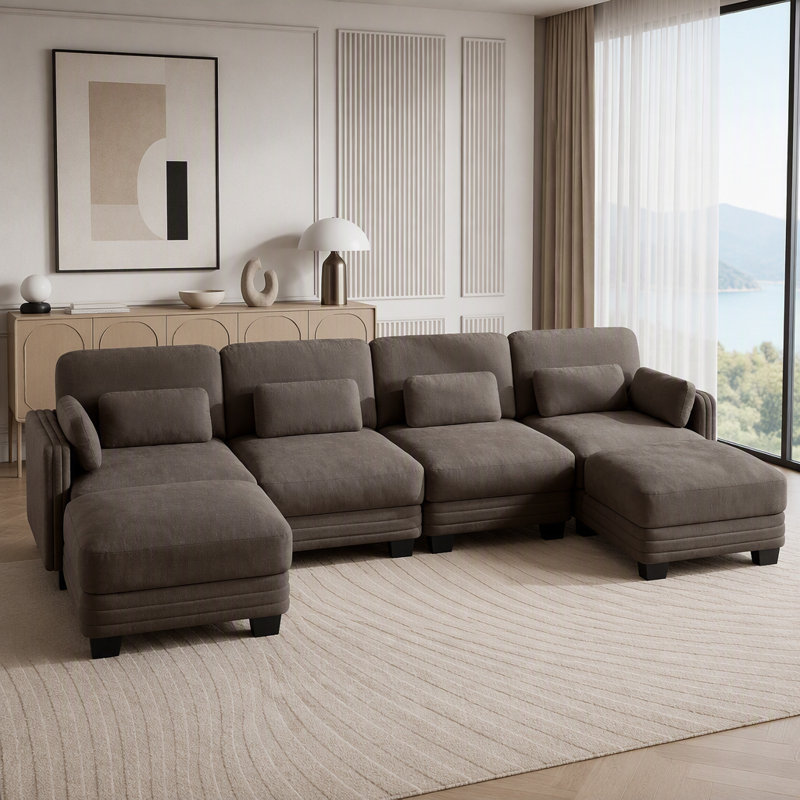 Canapé modulaire modulaire avec capitonnage à canaux et repose-pieds mobile, 4 places et 2 repose-pieds, Chenille brun