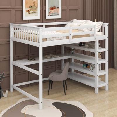 Lit mezzanine double avec tablettes et bureau