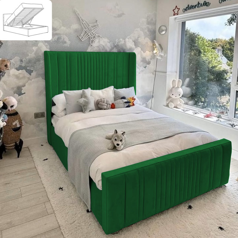 Morio Upholstered Bed - Wingback Ottoman Storage with Plush Velvet Gas Lift, Emarald