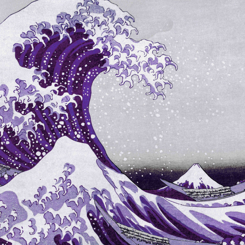 « the great wave » par katsushika hokusai,, reproduction d’art encadrée en mauve et gris, H 18 po x l 24 po