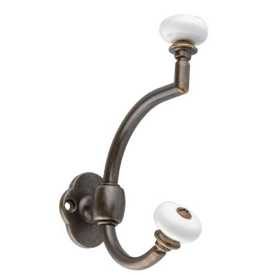 Patère antique avec chapeau boule en porcelaine et porte-manteau