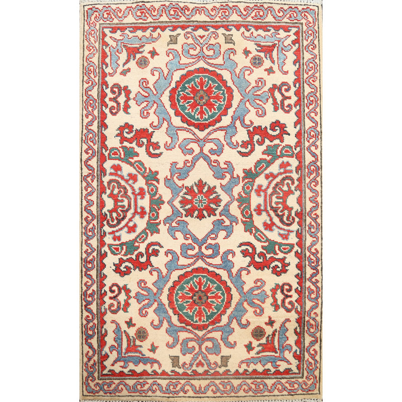 Tapis rouge / beige / bleu en laine noué à la main à motif géométrique 2 pi 8 po x 4 pi