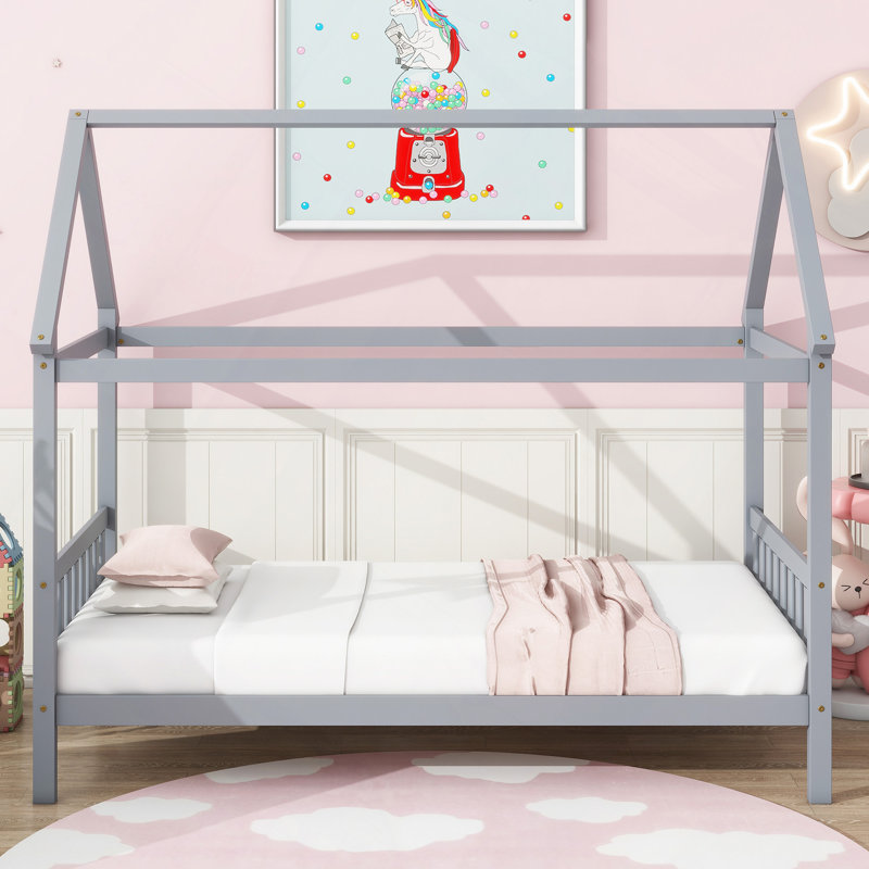 Lit simple avec tête et pied de lit, lit simple en bois d'hévéa avec cadre de maison