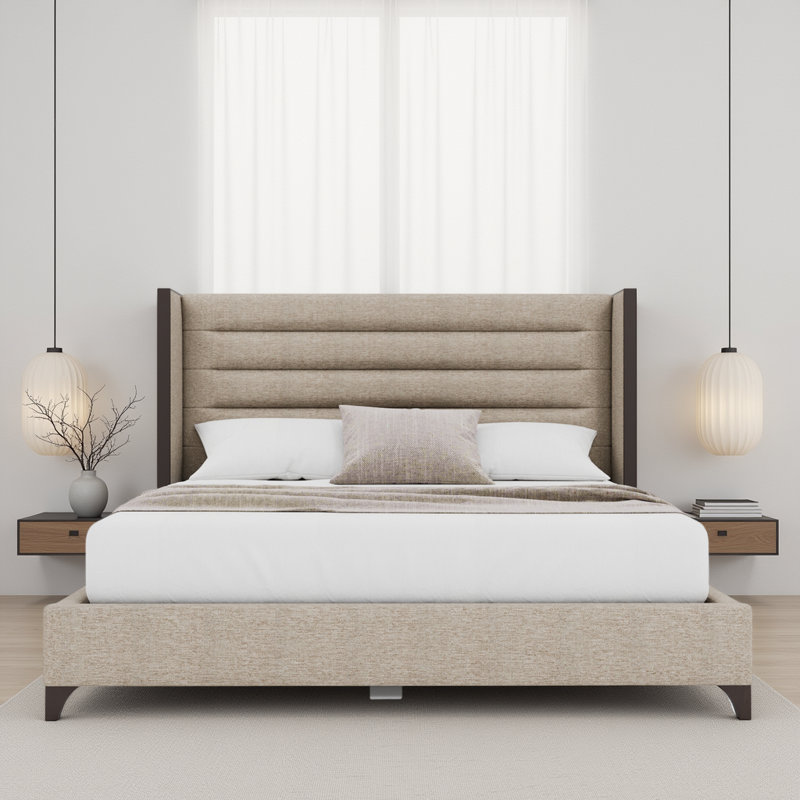 Megan Upholstered Wood Wing Channel, Flax, King