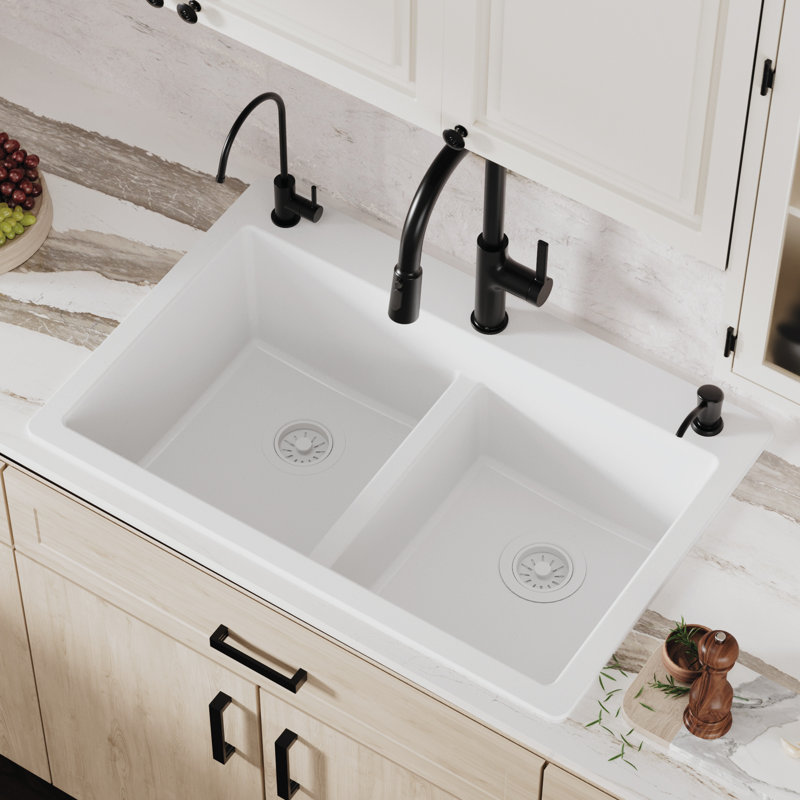 Karran Quartz 33'' X 22'' 50/50 Double Bowl Composite Drop-in Kitchen Sink, White