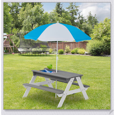 Table de pique-nique d'extérieur en bois convertible 3-en-1 pour enfants avec parasol réglable, sable et jeu d'eau, gris ASTM