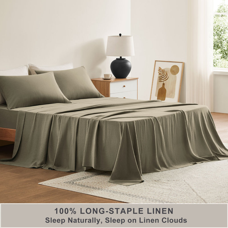 TOSMO Pure Linen Sheets, Twin Sheet Set with 1 Pillowcase, Taupe