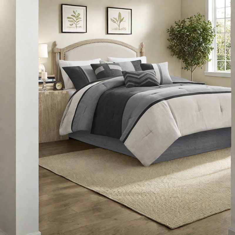 Ensemble de literie luxueux en faux suède 7 pièces, grand noir, style chalet chic