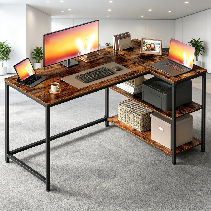 L-Shaped Metal Base Computer Desk, Rustic Brown