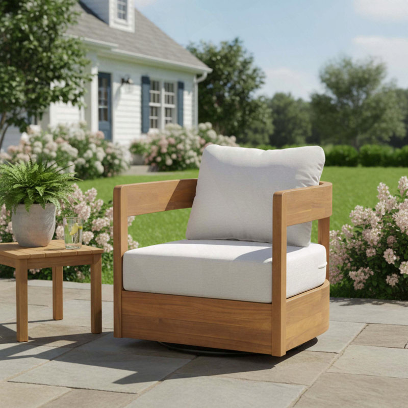 Maris Coastal Modern Acacia Wood Outdoor Swivel Club Chair with Cushioned Seat, Beige Cushion/Teak Frame
