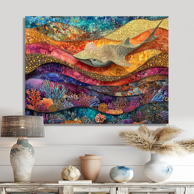 Abstract Stingray In Aquarium Colorful Collages I - Modern Metal Art Print, Stingray Metal Wall Art