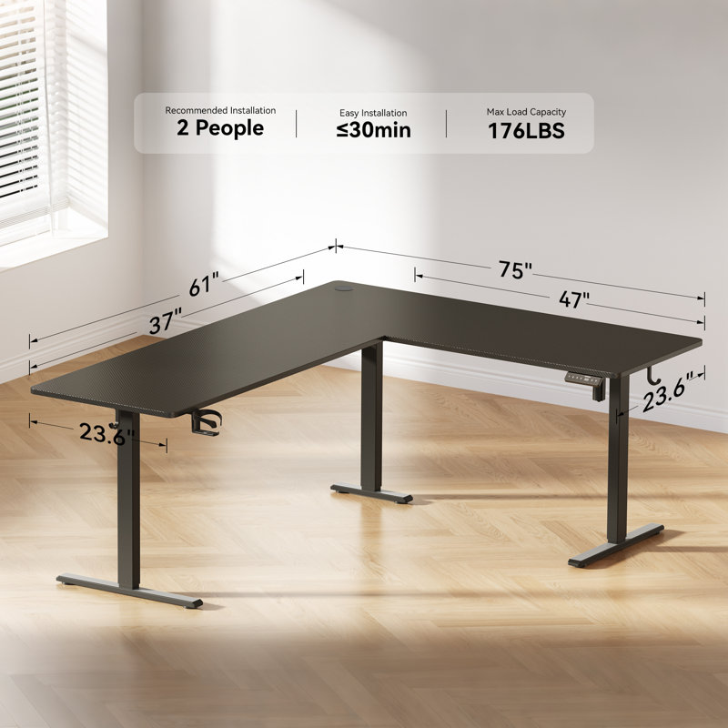 75" Reversible L Shaped Standing Desk, Height Adjustable with Cup Holder, Electric Corner Computer Workstation, Sit Stand up Home Office, Ergonomic Gaming, Black