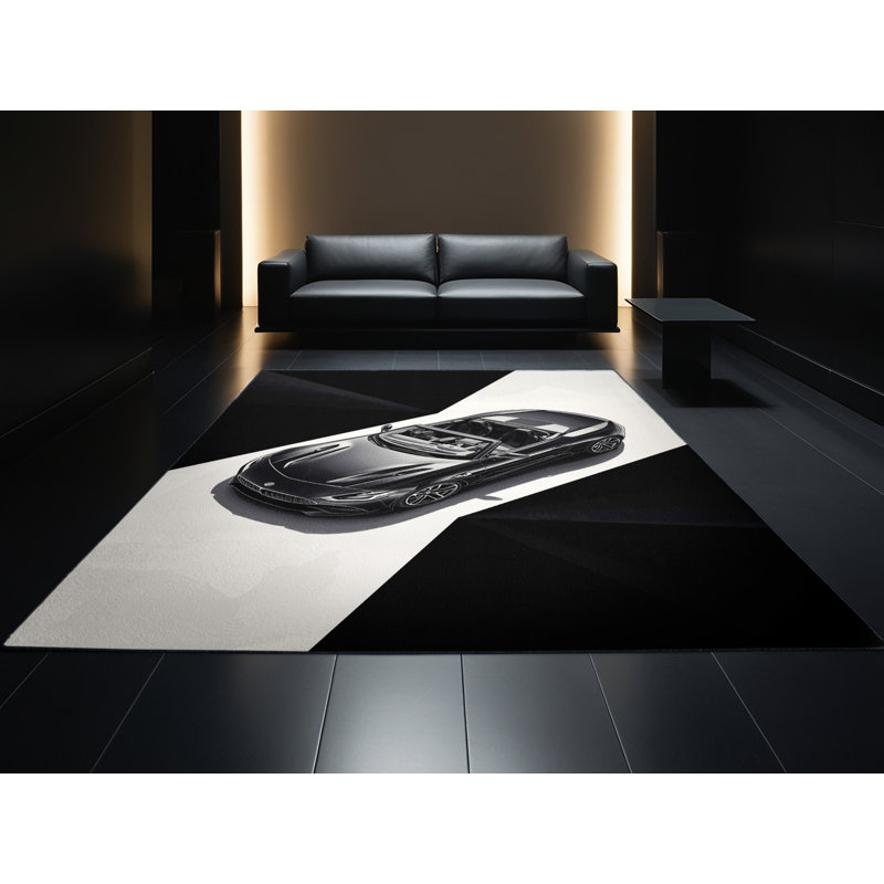 Machine Washable Vehicles And Transportation Convertible Roadster Modern Geometric Rug in Gray – Black Binding, 3x5