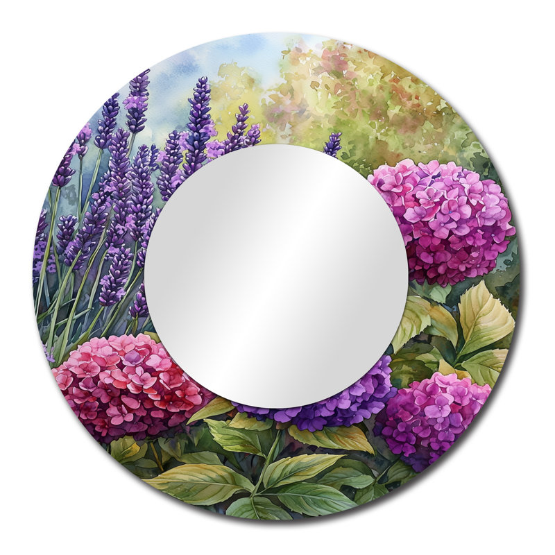 Hortensias et lavande jardin I - miroir mural floral - imprimé sur métal, 29 po x 29 po