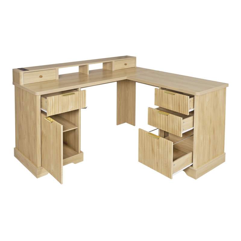 Bureau en L 59 po cannelé avec station de charge et armoire de rangement 59 po Modern