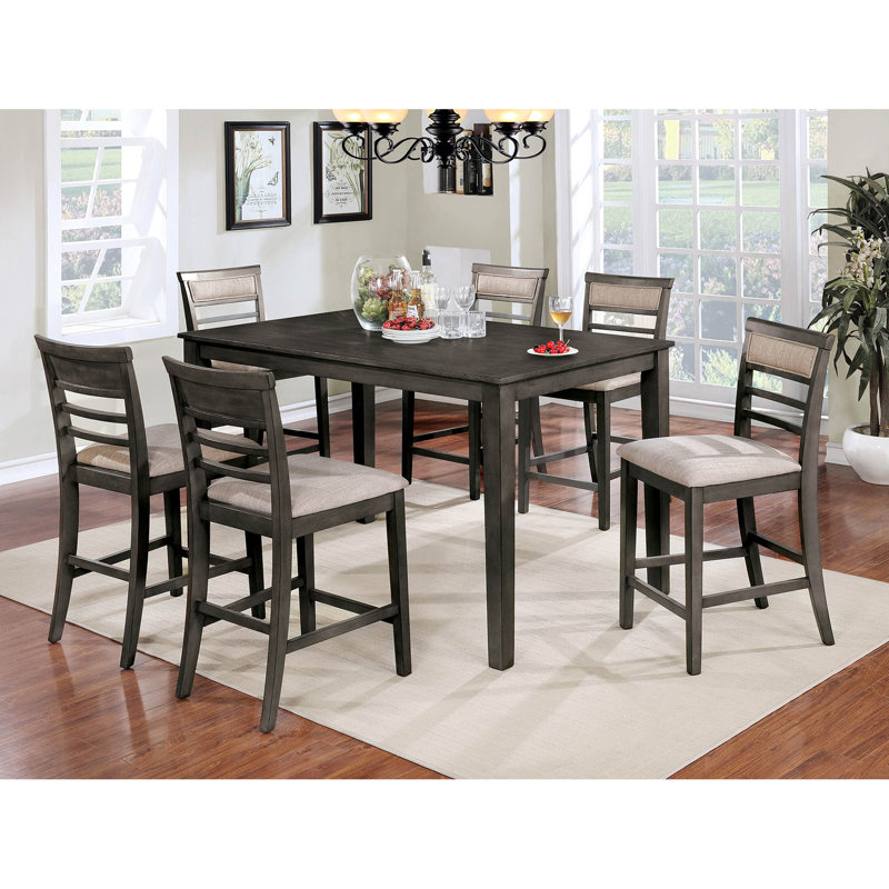 7 pièces pour salle à manger, comptoir, transitionnel, table rectangulaire, 6 chaises à dossier à lattes, gris et beige vieilli, sièges rembourrés en tissu pour pièces décoratives 7 pièces de style transitionnel, 1 table