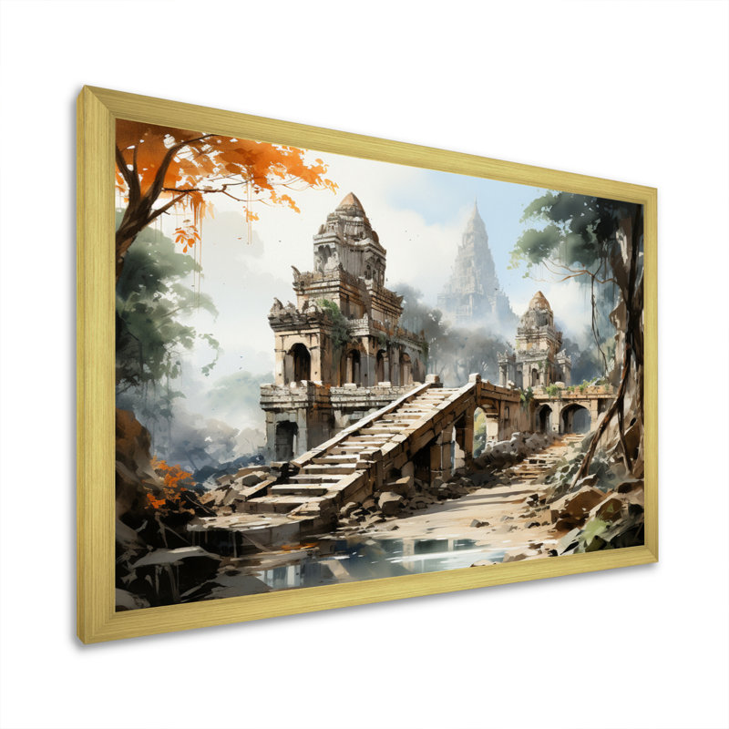 " Vietnam Ancient Temples Sepia ", Gold Single Picture Framed, 30" H x 40" W x 1.5" D