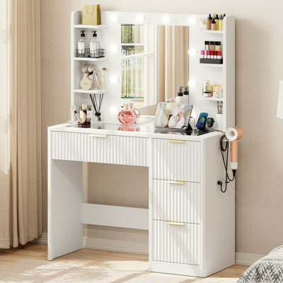35.4″ Fluted Vanity Desk with Mirror and Adjustable LED Lights，Large 4-Drawer Makeup Dressing Table with Glass Top & Charging Hub for Bedroom, White