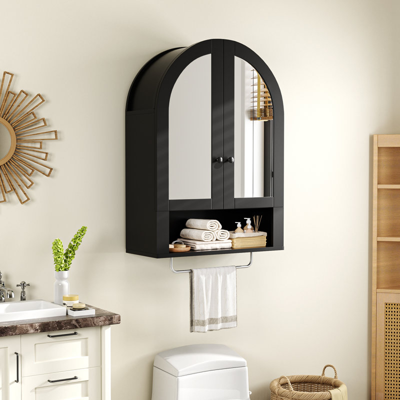 Armoire murale moderne arquée avec tablettes réglables et éclairage à DEL, conçue pour le rangement de la salle de bain avec miroir