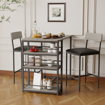 3 Piece Bar Table Set with Storage Shelves and Upholstered Bar Stools
