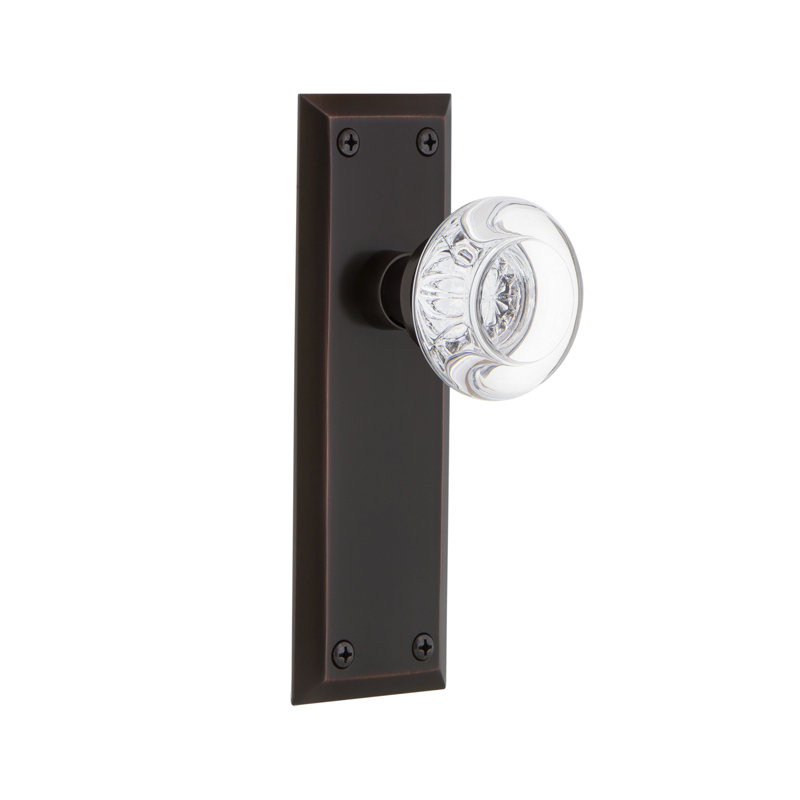 New York Plate with Round Clear Crystal Door Knob, Timeless Bronze, 2-3/8"