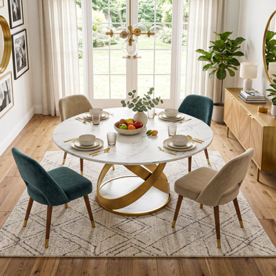 59.06" Modern Round Dining Table for 6-8, Sintered Stone Top and Interlocking Gold Metal Base Pre-Assembly